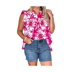 NEW ODDI floral flutter sleeve blouse in hot pink